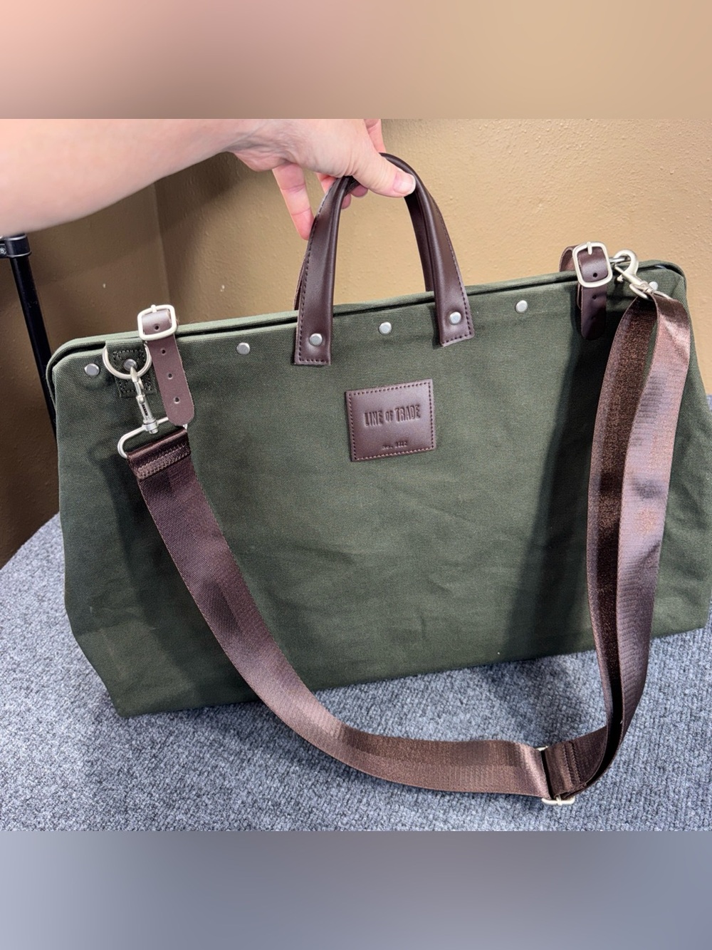 Line of Trade Olive Green Canvas Weekender Bag with Shoulder Strap 13x21x7